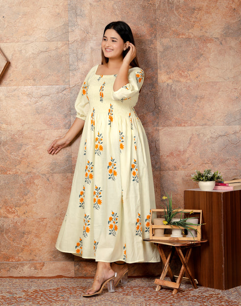 Yellow Block Print Smocked Dress – Cotton Comfort